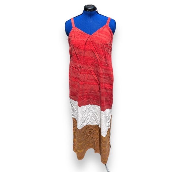 MSK Woman Red Tan Color Block Linen Blend Sleeveless Maxi Dress Plus Size 1X - Picture 1 of 11